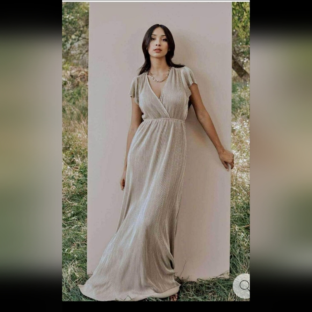 Baltic Born Dress Gold Pleated Dress Medium 10-12 Empire Waist Cap Sleeves